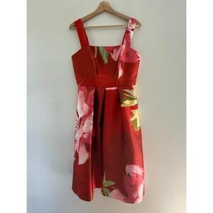 KAY UNGER NEW YORK Womens Size 6 Red Floral Sleeveless Midi Square Neck Elegant